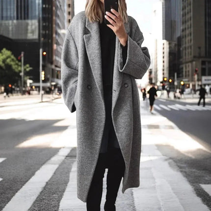 Abrigo Largo de Lana para Mujer - Elegante Chaqueta Cortavientos Gris