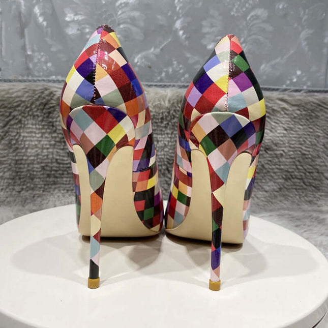 Zapatos de tacón alto multicolor a cuadros, material sintético brillante, estilo moderno, para mujer