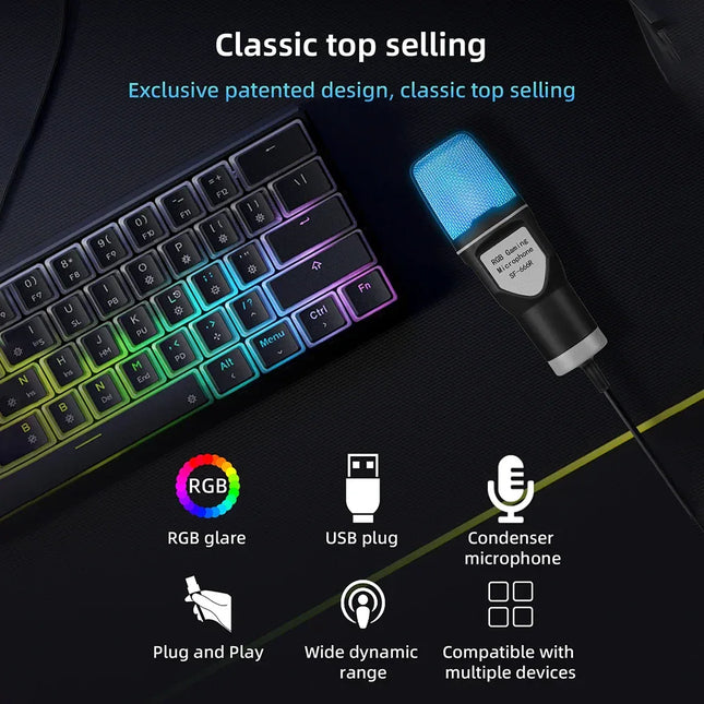 Micrófono de condensador SF-666R, micrófono luminoso RGB de siete colores con soporte amortiguador, micrófono para juegos de computadora USB - tugranalmacen.com