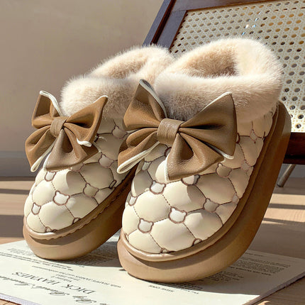 Pantuflas Fun-Mingsheng de algodón y terciopelo beige con lazo, estilo acogedor y elegante