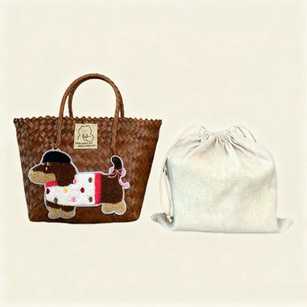 Large capacity sausage dog hand woven cabbage basket rattan woven handbag office miscellaneous carry bag picnic women's bag - tugranalmacen.com