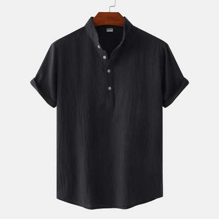 Camisa de algodón y lino con cuello mao y patrón floral para hombre