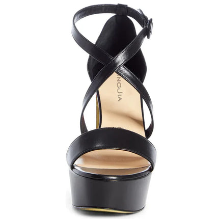 Sandalias plataforma de tacón grueso y tiras cruzadas negras de cuero elegante