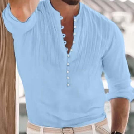 Camisa casual de hombre de algodón y lino sin cuello