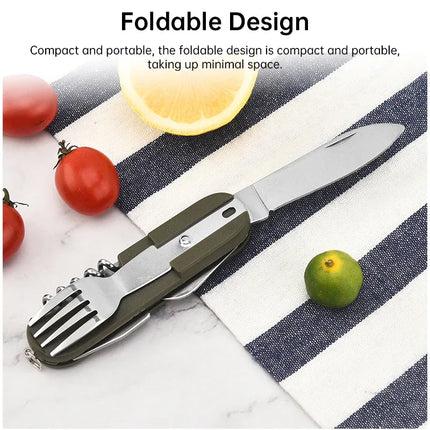 7-in-1 multifunctional stainless steel foldable outdoor camp tableware: fork, spoon, knife. Survival tools for picnic, camping. - tugranalmacen.com