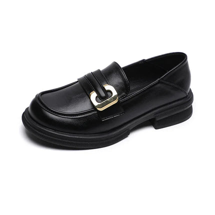 Zapatos de tacón grueso estilo británico, mocasín negro, cuero sintético, hebilla decorativa