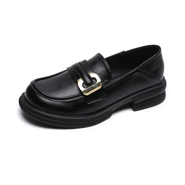 Zapatos de tacón grueso estilo británico, mocasín negro, cuero sintético, hebilla decorativa
