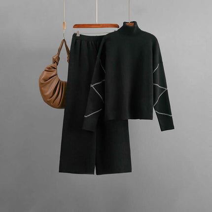 Conjunto de suéter holgado de cuello alto y pantalón de mujer