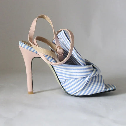 Sandalias de tacón alto con boca de pez y lazo a rayas, azul y blanco, material textil, estilo elegante