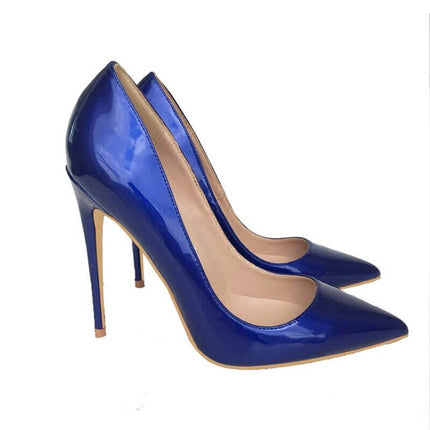 Zapatos de tacón de aguja en charol azul oscuro para mujer, elegantes y brillantes