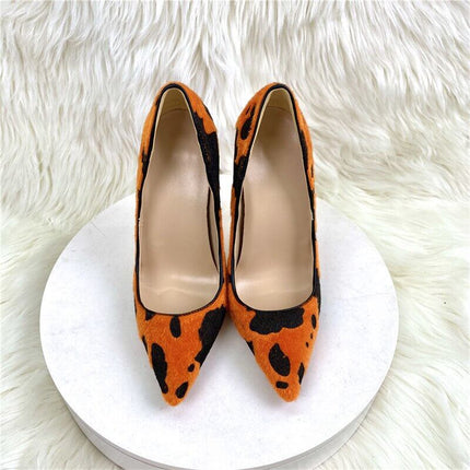 Zapatos de tacón estampado de vaca naranja, material peludo, estilo elegante, Zapatos de tacón con estampado de vaca color na