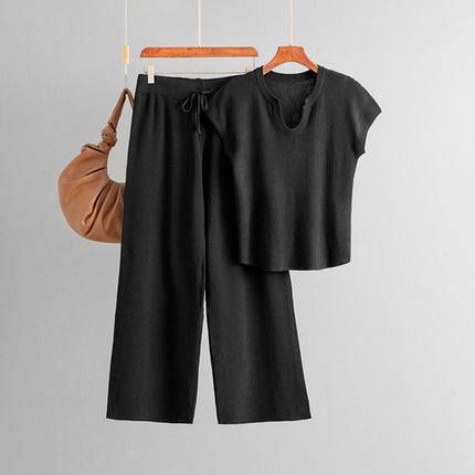 Conjunto de punto con cuello en U y manga corta