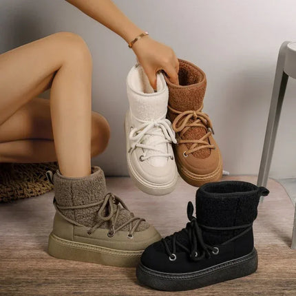 Botas de nieve mujer con suela gruesa, beige, negro y marrón, material textil, estilo casual