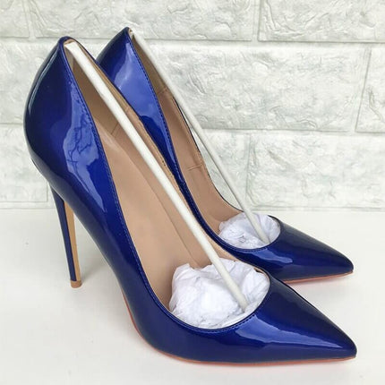 Zapatos de tacón de aguja en charol azul oscuro para mujer, elegantes y brillantes