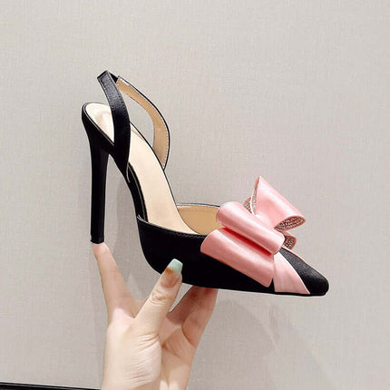 Sandalias de tacón con pajarita, negras y rosas, material sintético, estilo elegante