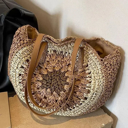 Paper rope hollow out colorful round plate grass woven bag casual beach bag one shoulder fashionable woven bag - tugranalmacen.com