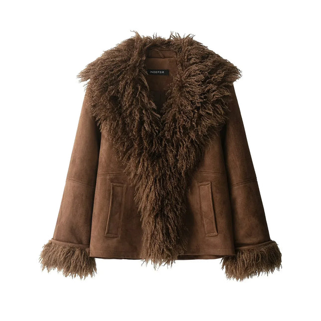 Chaqueta de Piel Sintetica Mujer con Cuello de Pelo - Abrigo Elegante