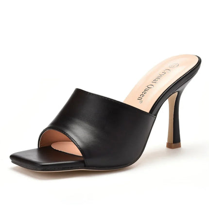 Sandalias Crystal Queen de tacón alto, punta cuadrada, color negro, material sintético, estilo elegante