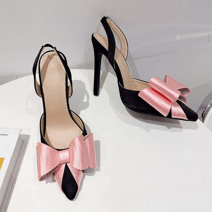 Sandalias de tacón con pajarita, negro y rosa, satén, elegantes, Sandalias de tacón con pajarita y combinación de colores