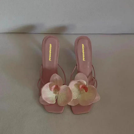 Zapatillas de tacón alto con punta de flor, rosa, cuero, estilo elegante con detalles florales