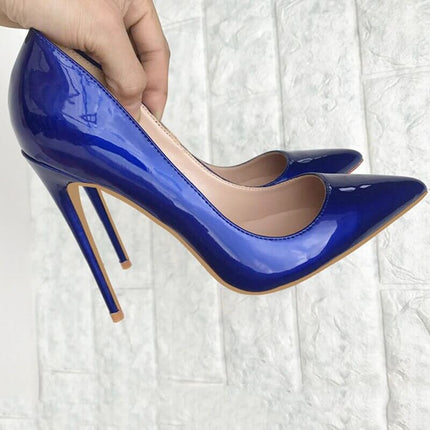 Zapatos de tacón de aguja en charol azul oscuro para mujer, elegante y brillante