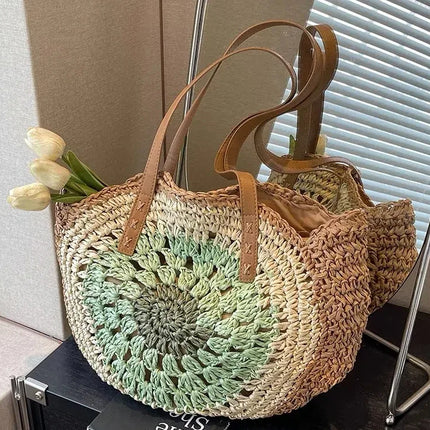 Paper rope hollow out colorful round plate grass woven bag casual beach bag one shoulder fashionable woven bag - tugranalmacen.com