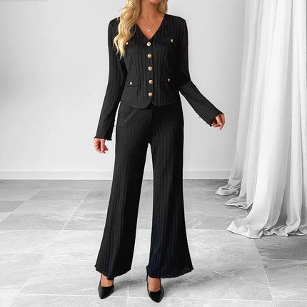 Conjunto Elegante de Dos Piezas-Chaqueta y Pantalón Acanalado Negro