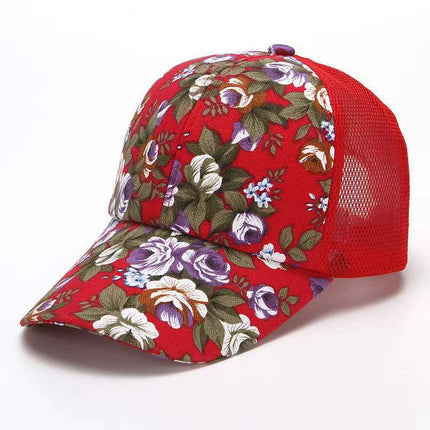 Gorra de béisbol floral roja con visera curva ajustable