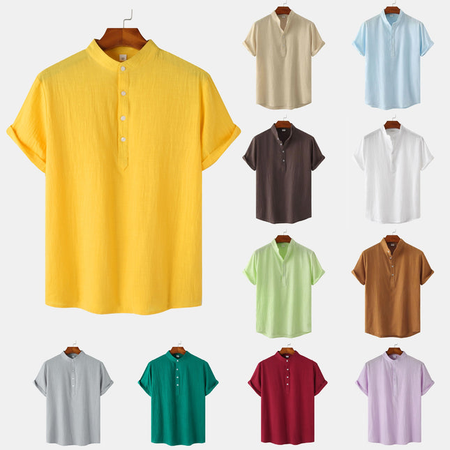 Camisa de algodón y lino blanca con cuello mao