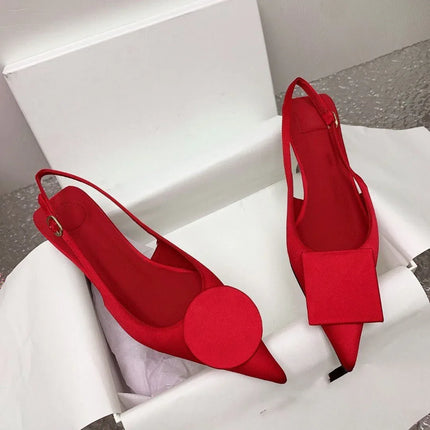 Sandalias Stiletto minimalistas de tacón alto rojas, punta cerrada, diseño elegante, material sintético