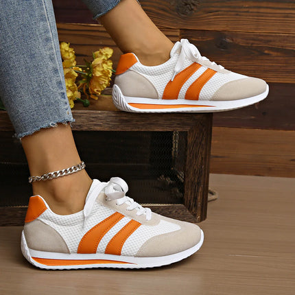 Zapatillas deportivas informales blancas y naranjas de malla y ante, cómodas, nombre del producto