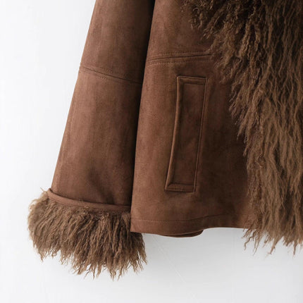 Chaqueta de Piel Sintetica Mujer con Cuello de Pelo - Abrigo Elegante