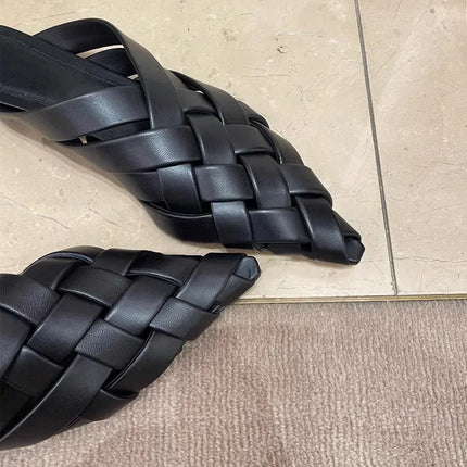 Zapatillas de moda para mujer, negras, tejido trenzado, punta puntiaguda, estilo elegante