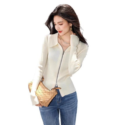 Suéter de punto blanco con doble cremallera, cuello alto - tugranalmacen.com