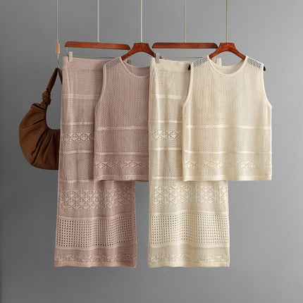 Conjunto de punto sin mangas y cuello redondo para mujer