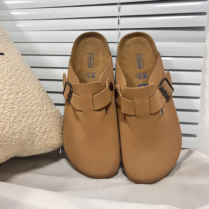 Sandalias de cuero genuino con punta redonda para mujer
