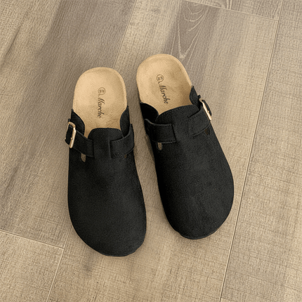 Zuecos mule de ante sintético con hebilla dorada — Multicolor