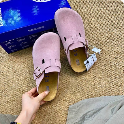 Sandalias de cuero genuino con punta redonda para mujer