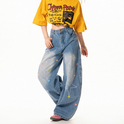 Jeans mujer rectos con bordado de estrellas estilo retro