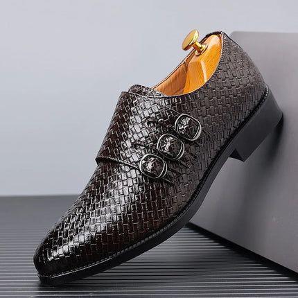 Zapatos de vestir para hombre elegantes de cuero con triple hebilla lateral y textura entrelazada