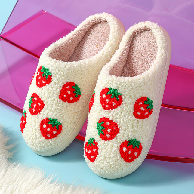 Pantuflas divertidas de algodón cálido, blancas con diseño de fresas, suela antideslizante