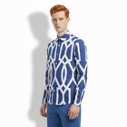 Camisa de hombre manga larga y patrón geométrico azul blanco