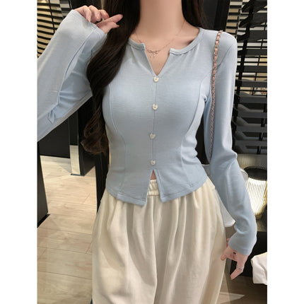 Camiseta corta de terciopelo con manga larga y cuello en V