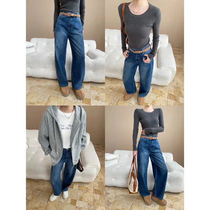 Vaqueros holgados, adelgazantes, de cintura alta y estilo blogger de moda con solapa trasera y diseño de doble bolsillo. - tugranalmacen.com