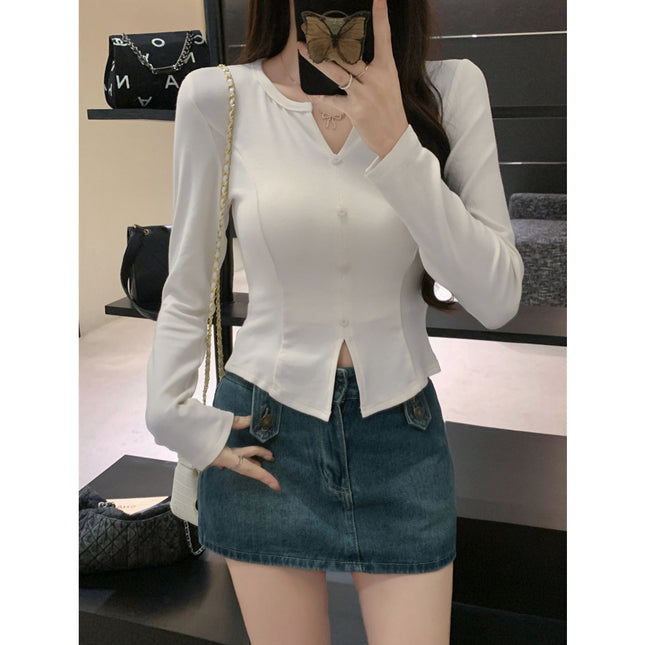 Camiseta corta de terciopelo con manga larga y cuello en V