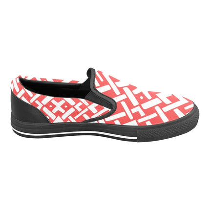 Zapatillas Slip-On Deco geométrico rojo-blanco de mujer, tela estampada, estilo casual