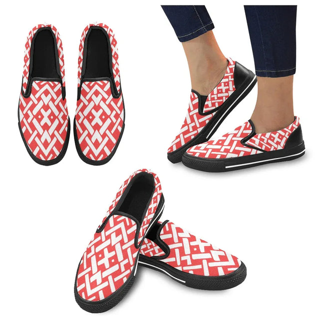 Zapatillas Slip-On Deco geométrico rojo-blanco mujer, lona, diseño moderno, casual y cómodo