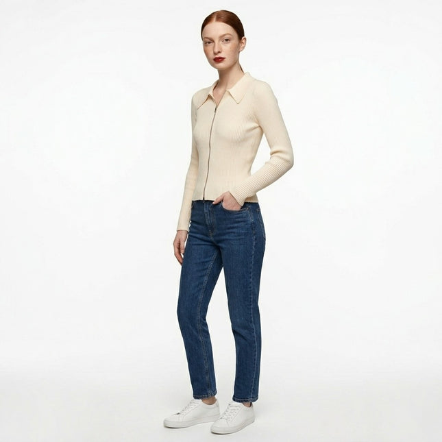 Suéter de punto con cremallera y cuello camisero de mujer