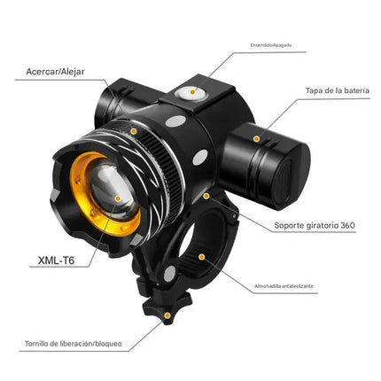 Linterna frontal LED T6 para bicicleta - Recargable - USB - 2400 mAh - tugranalmacen.com